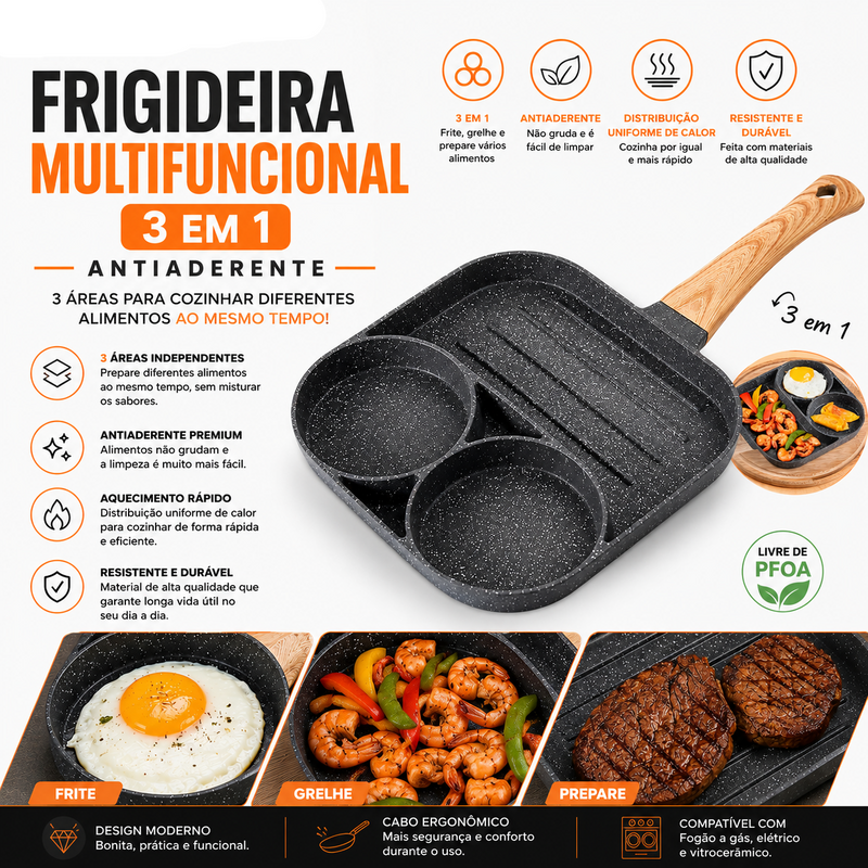 Frigideira Multifuncional 3 em 1 Antiaderente
