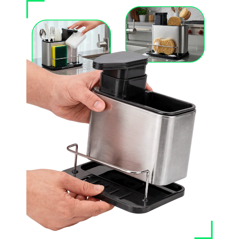 Dispenser Porta Detergente E Esponja 3 Em 1 Aço Inox Escorredor Talheres Utensilios de Cozinha Organizador de Pia