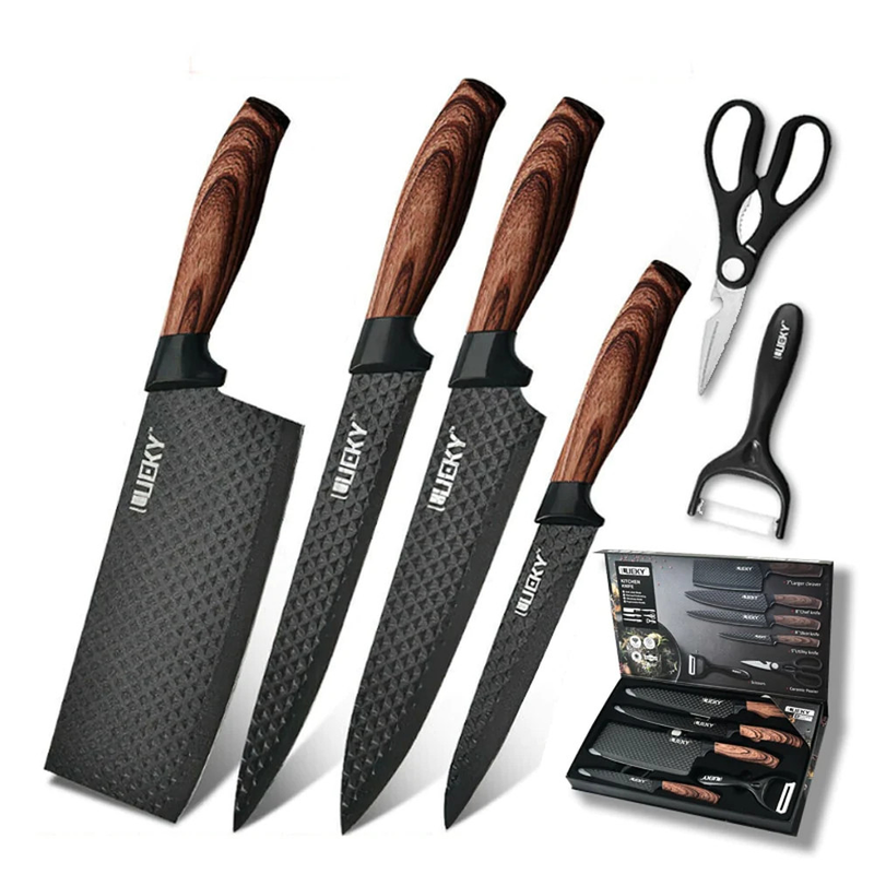 Conjunto Faca Inox 6 Peças Com Cabo Reforçado Aço Carbono Descascador Tesoura Cutelo Carne Legumes